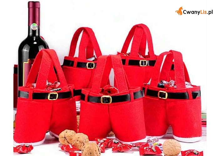 Absolutna okazja! Dekoracyjne pokrowce na wino w w kształcie spodni Mikołaja!