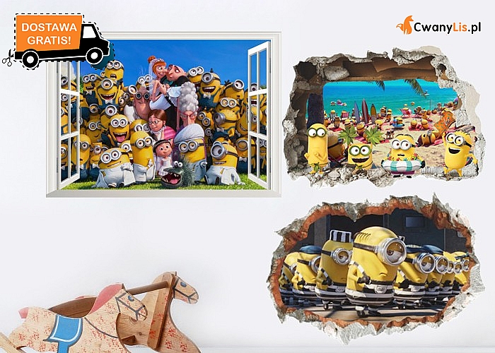 Naklejka 3D „Minionki” na ścianę wyjątkowa dekoracja pokoju dziecięcego