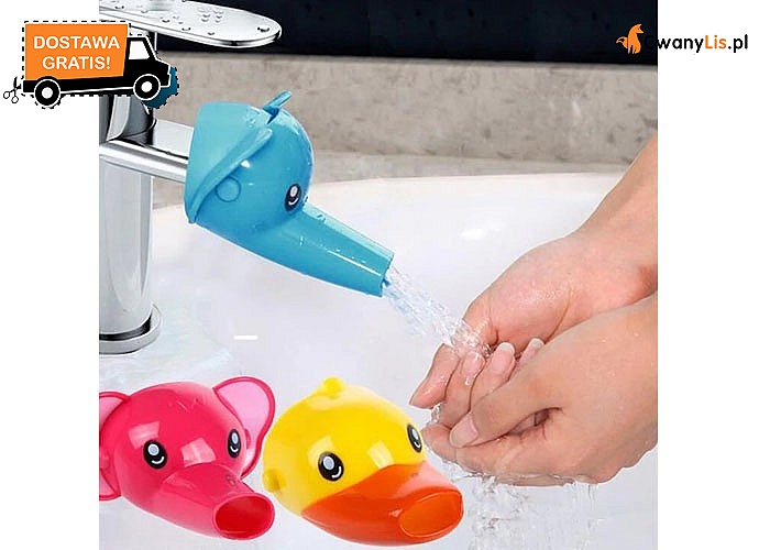 Kolorowa nakładka na kran ułatwiająca dzieciom korzystanie z umywalki.
