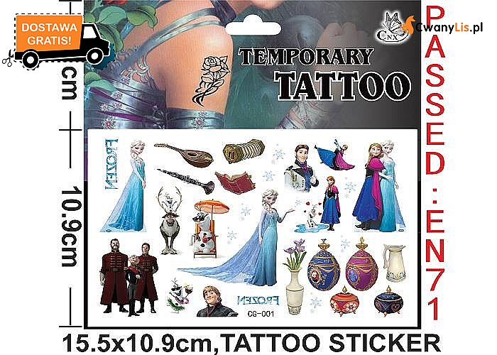 Arkusz zmywalnych tatuaży z bohaterami Krainy Lodu