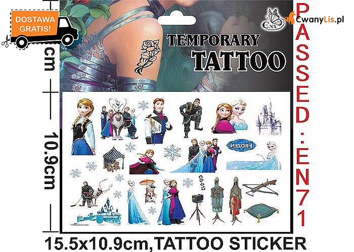 Arkusz zmywalnych tatuaży z bohaterami Krainy Lodu