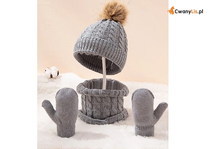 Ciepły komplet na zimę- w zestawie czapka z pomponem, komin i rękawiczki z jednym palcem.